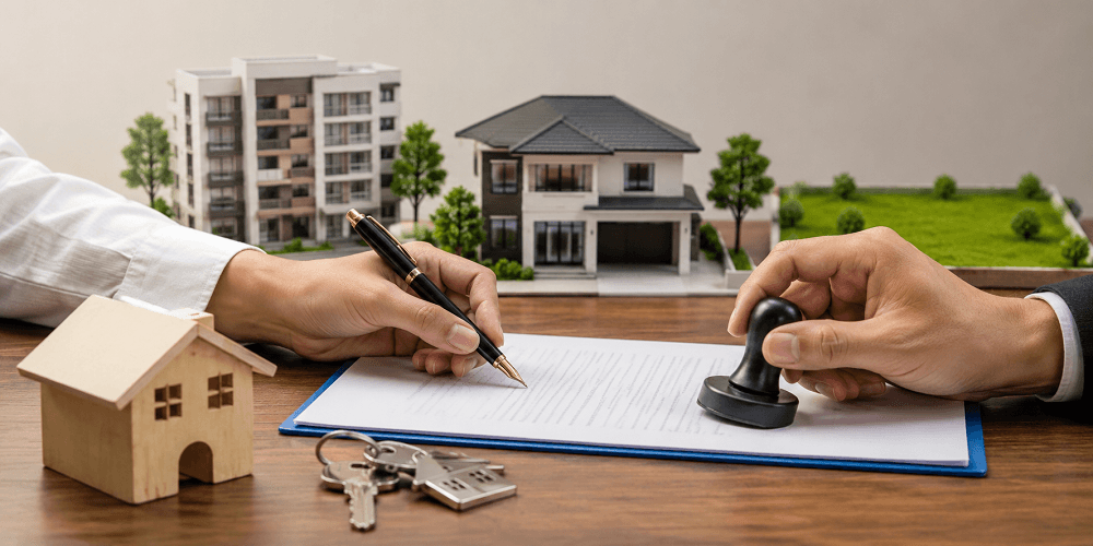 Conceptual illustration showing a person comparing gift deed and sale deed options for property transfer in India
